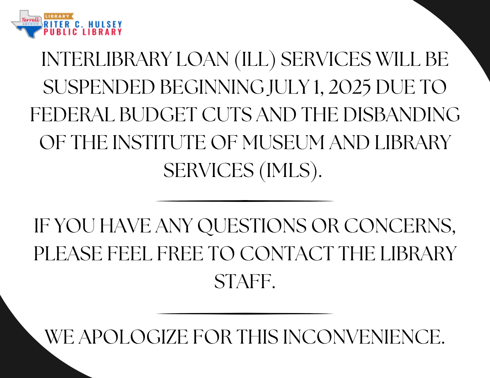 ILL Suspension Starting July 1, 2025 